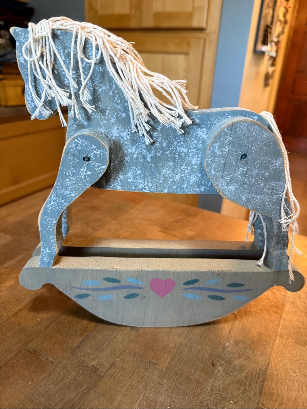 Vintage 90’s Folk Art Handcrafted Blue Wooden Rocking Horse Home Decor